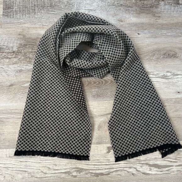 Serica Wool Scarf Brown Gray Polka Dot Reversible 100% Wool Fringe Edge 62" - Picture 1 of 4